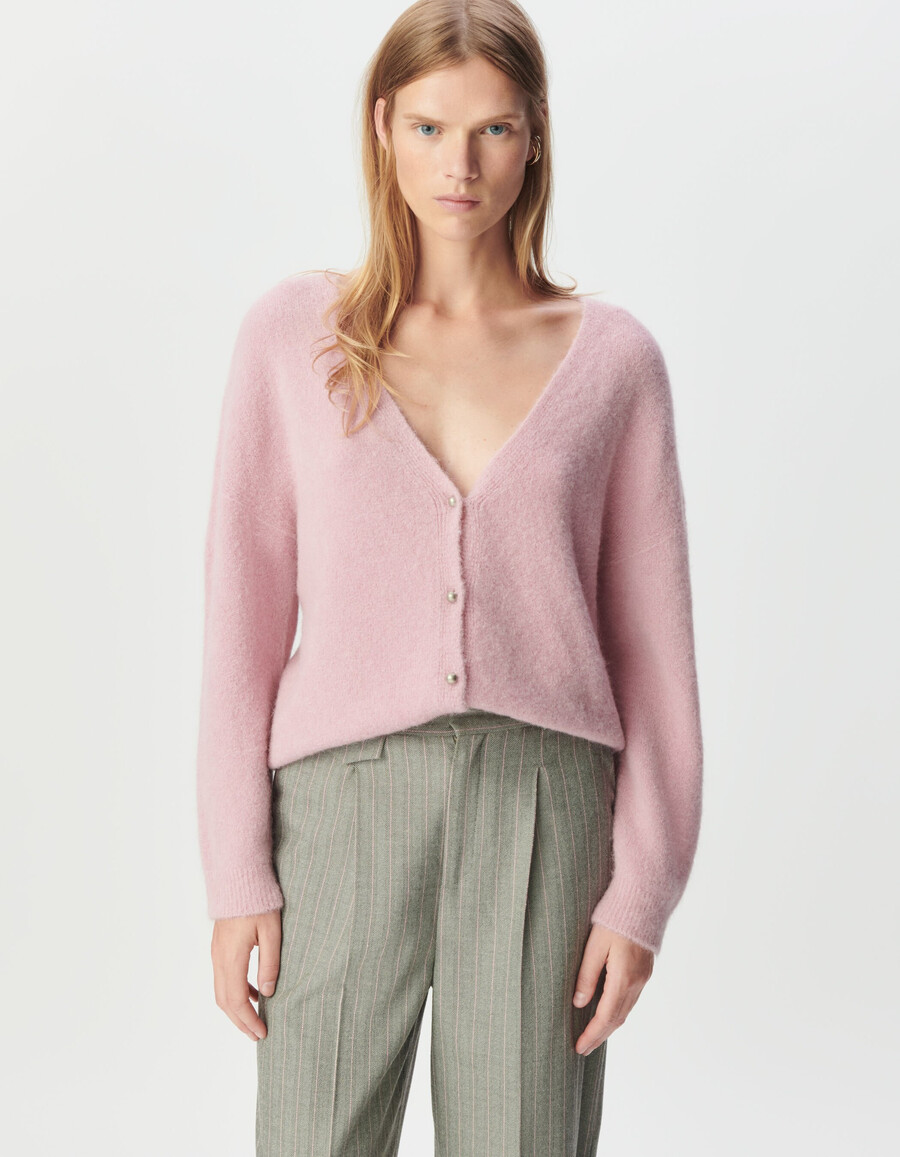 cárdigan reversible de punto fino rosa para mujer con espalda y frente