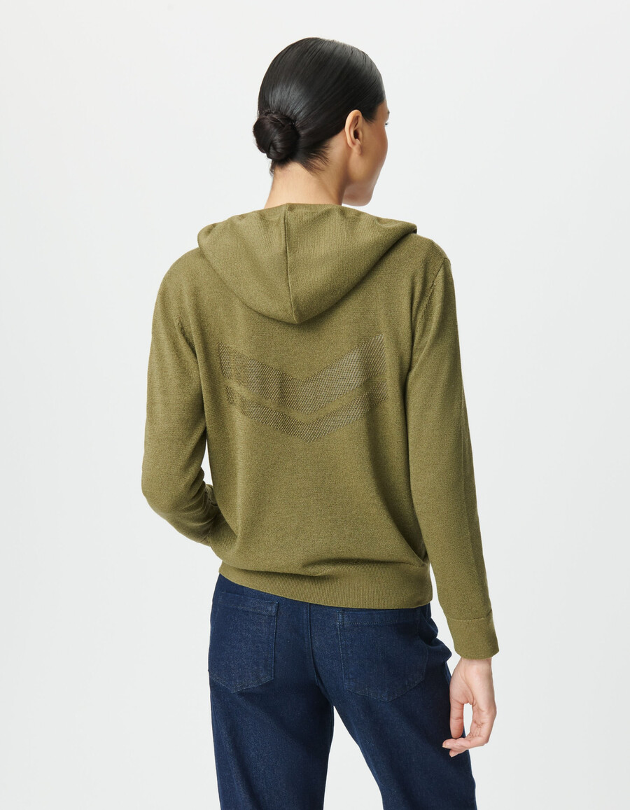 cárdigan de punto de lúrex caqui con capucha para mujer estampado de chevrón en la espalda