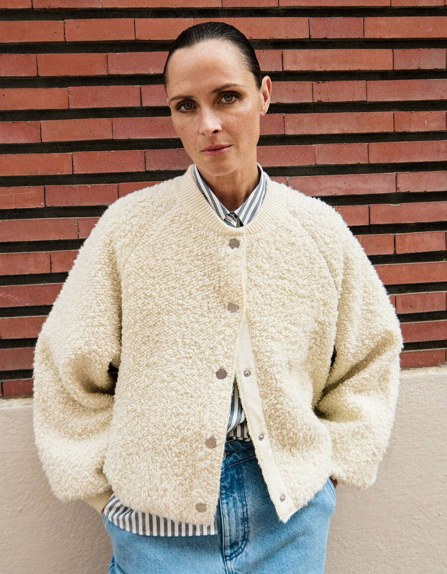 cárdigan de punto bouclette blanco para mujer