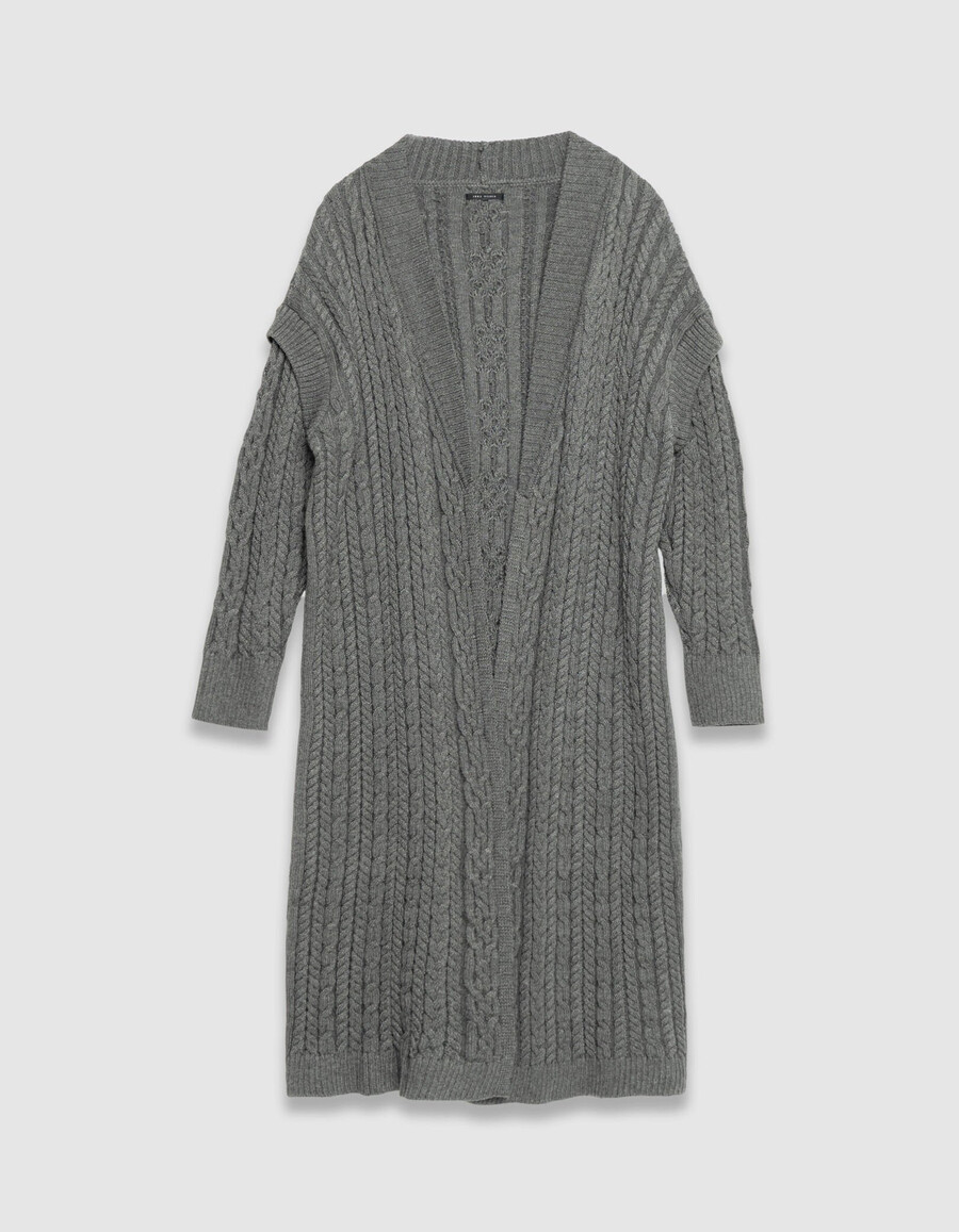 cárdigan largo de punto trenzado gris para mujer