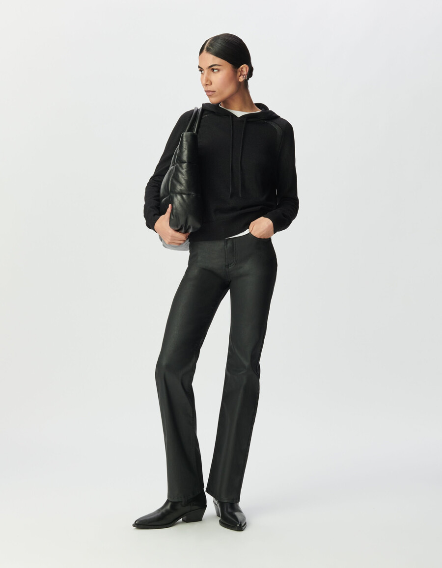 sudadera con capucha de punto fino de lúrex negro para mujer