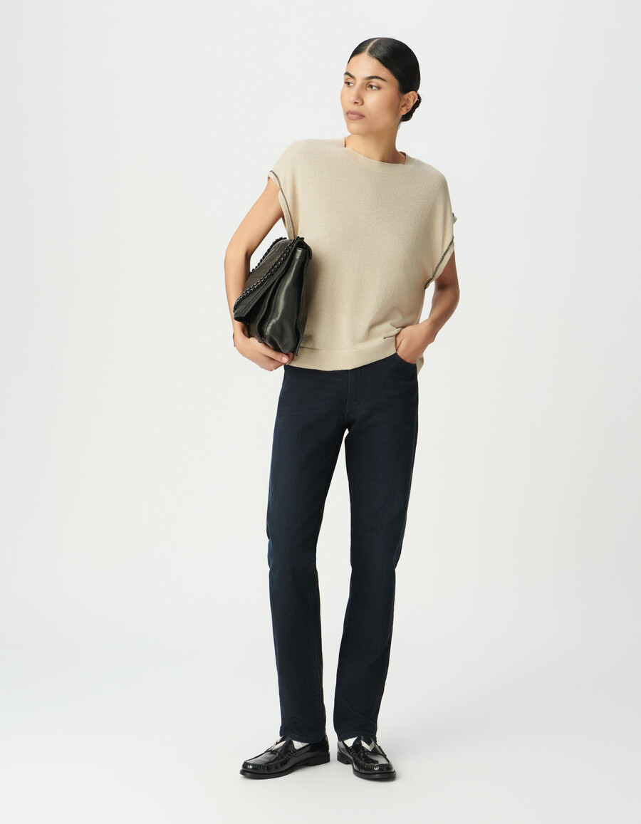 suéter de punto fino de lúrex beige para mujer con cadenas