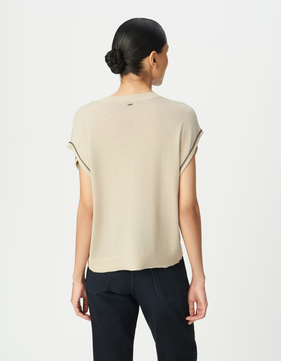 suéter de punto fino de lúrex beige para mujer con cadenas