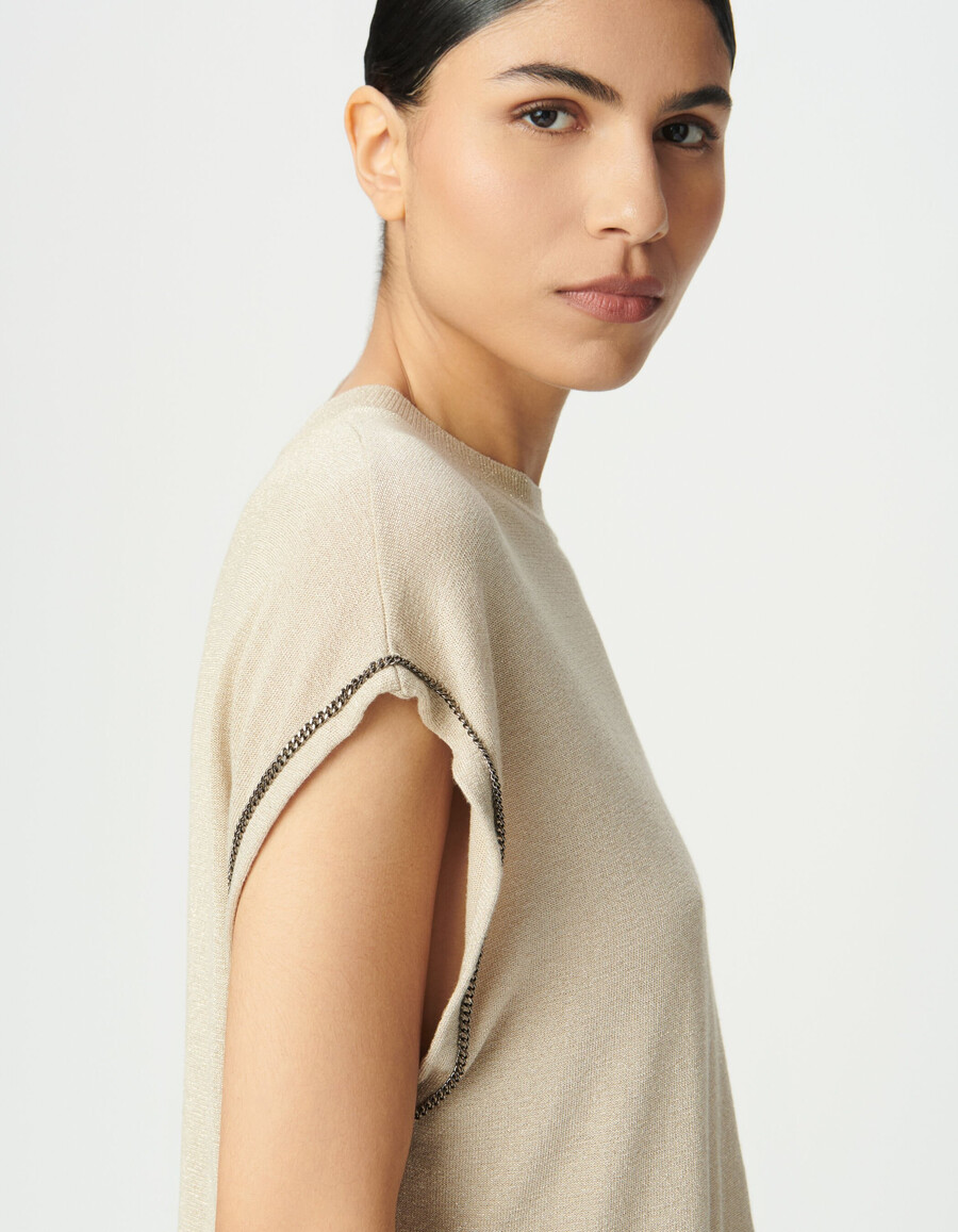 suéter de punto fino de lúrex beige para mujer con cadenas