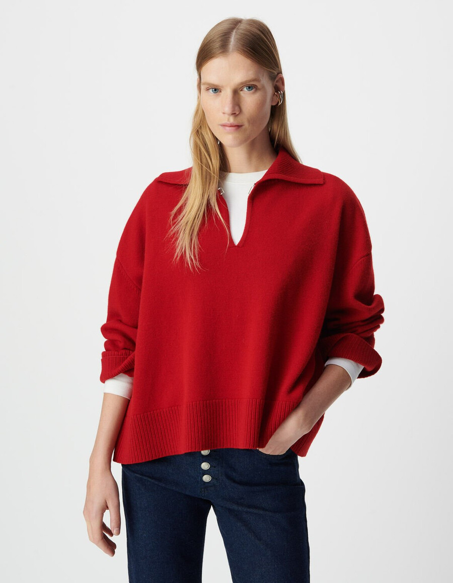 jersey de jacquard de tartán rojo con cuello alto para mujer