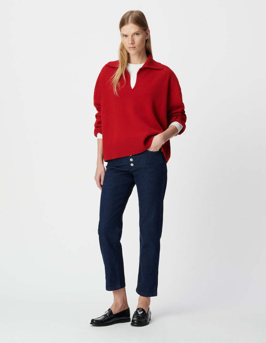 jersey de jacquard de tartán rojo con cuello alto para mujer