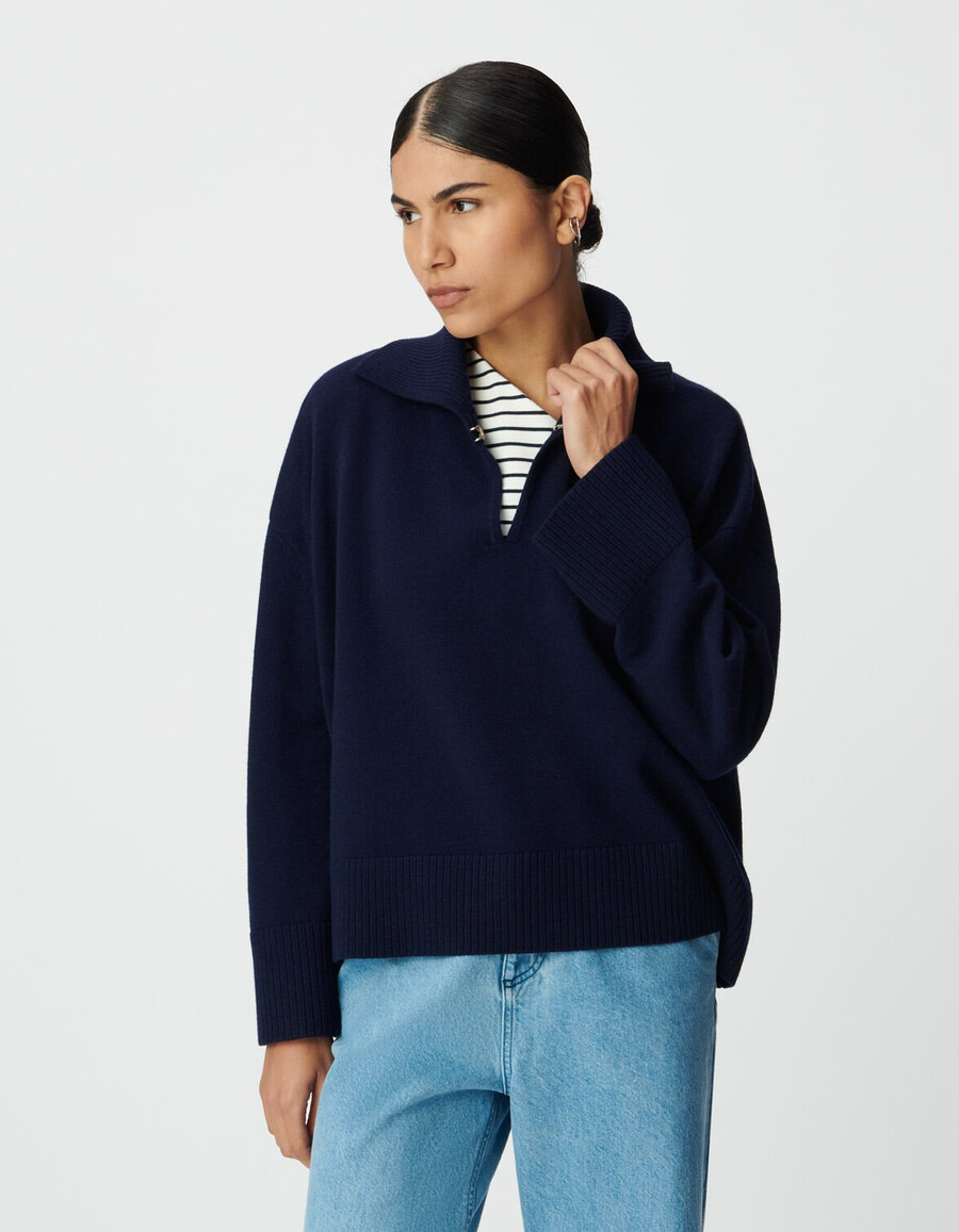 jersey de jacquard a cuadros azul marino con cuello alto para mujer