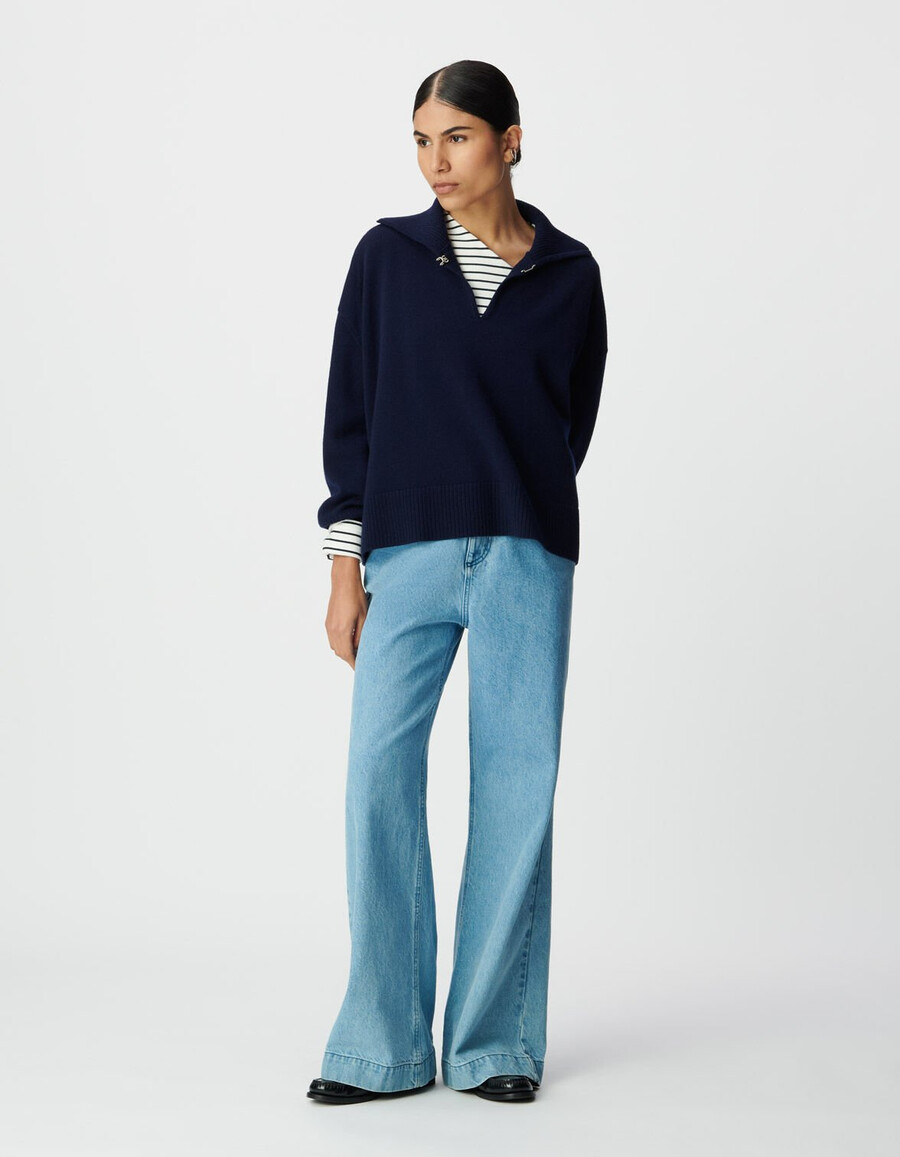 jersey de jacquard a cuadros azul marino con cuello alto para mujer