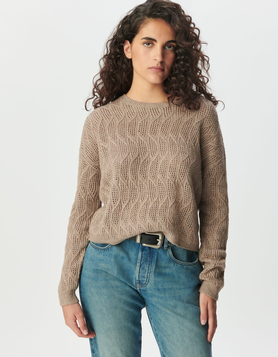 suéter de punto calado decorativo beige para mujer