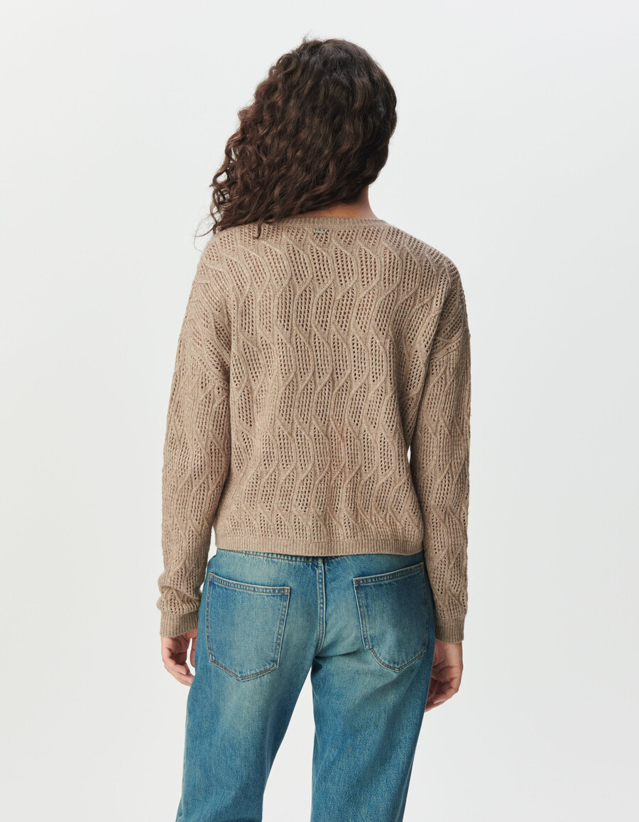 suéter de punto calado decorativo beige para mujer