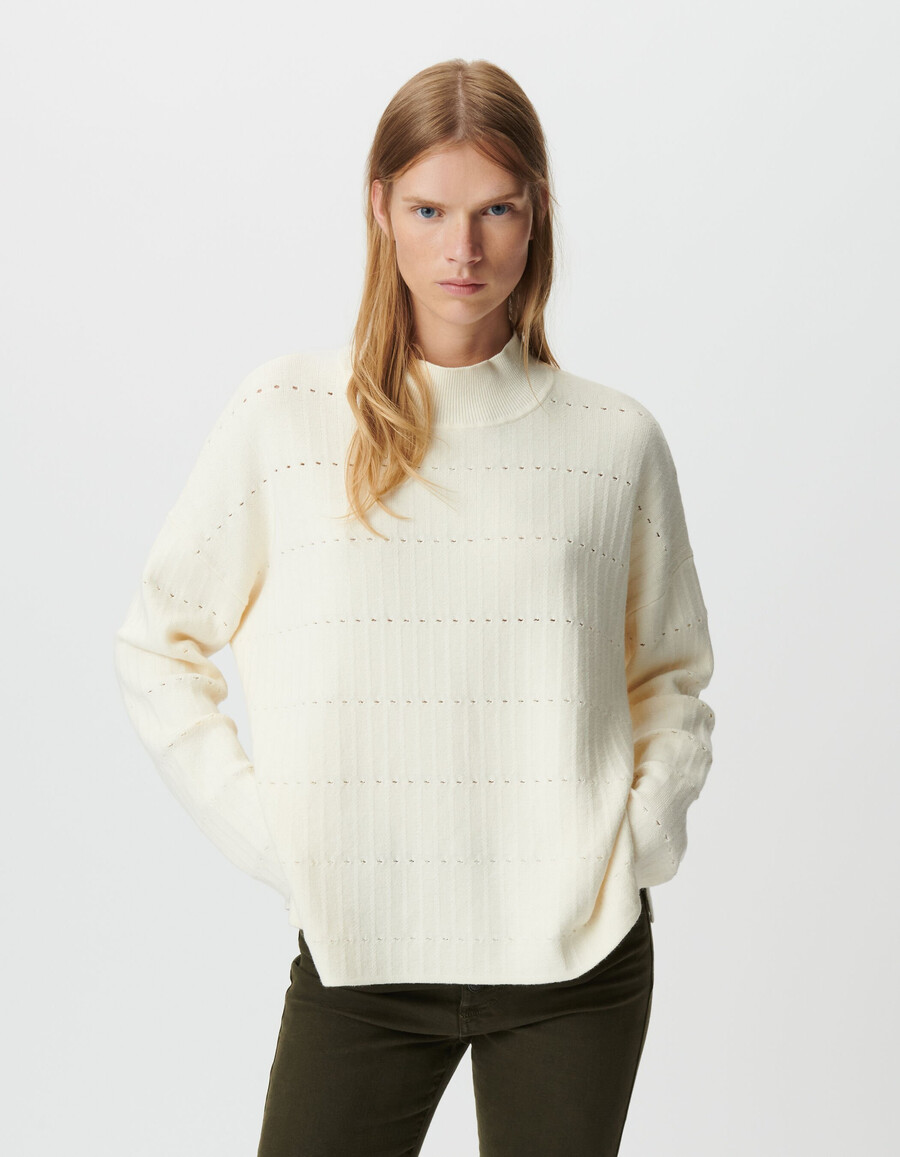suéter de punto calado decorativo blanco para mujer