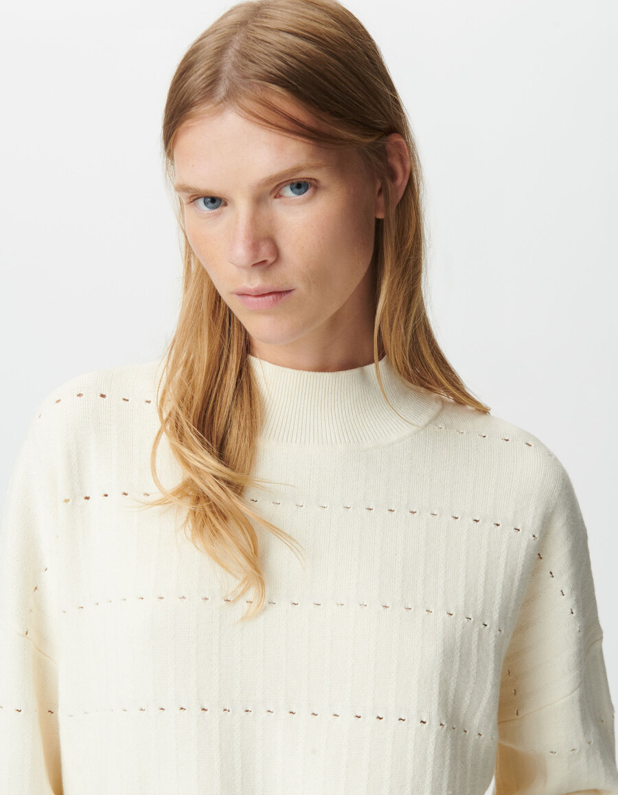 suéter de punto calado decorativo blanco para mujer