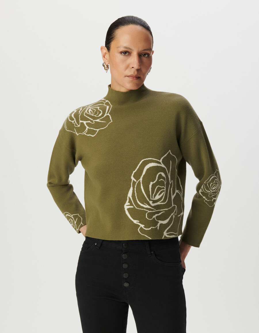 suéter de cuello alto de punto jacquard con rosas verdes para mujer