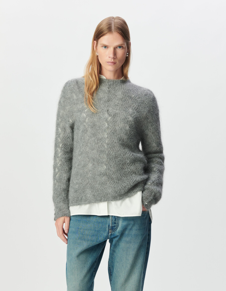 suéter de punto trenzado decorativo de mezcla de mohair gris para mujer