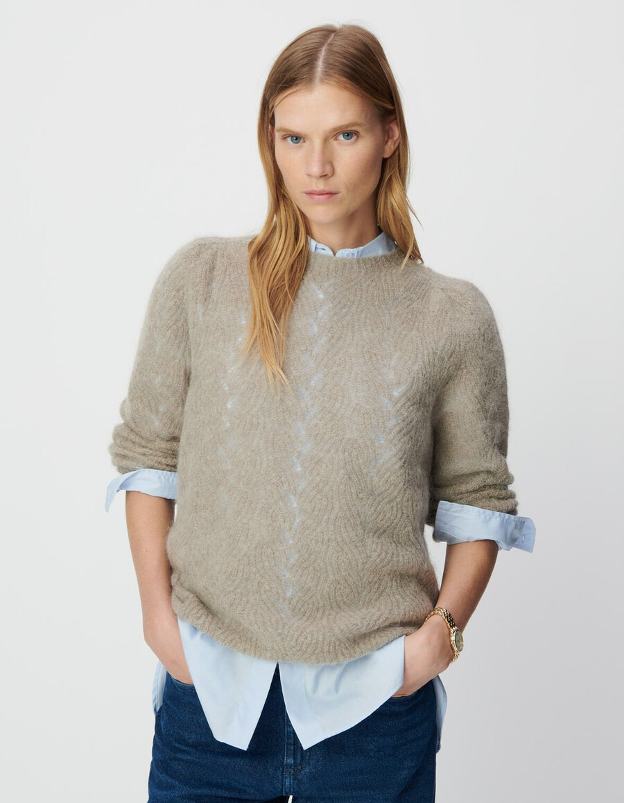 suéter de punto trenzado decorativo en mezcla de mohair beige para mujer