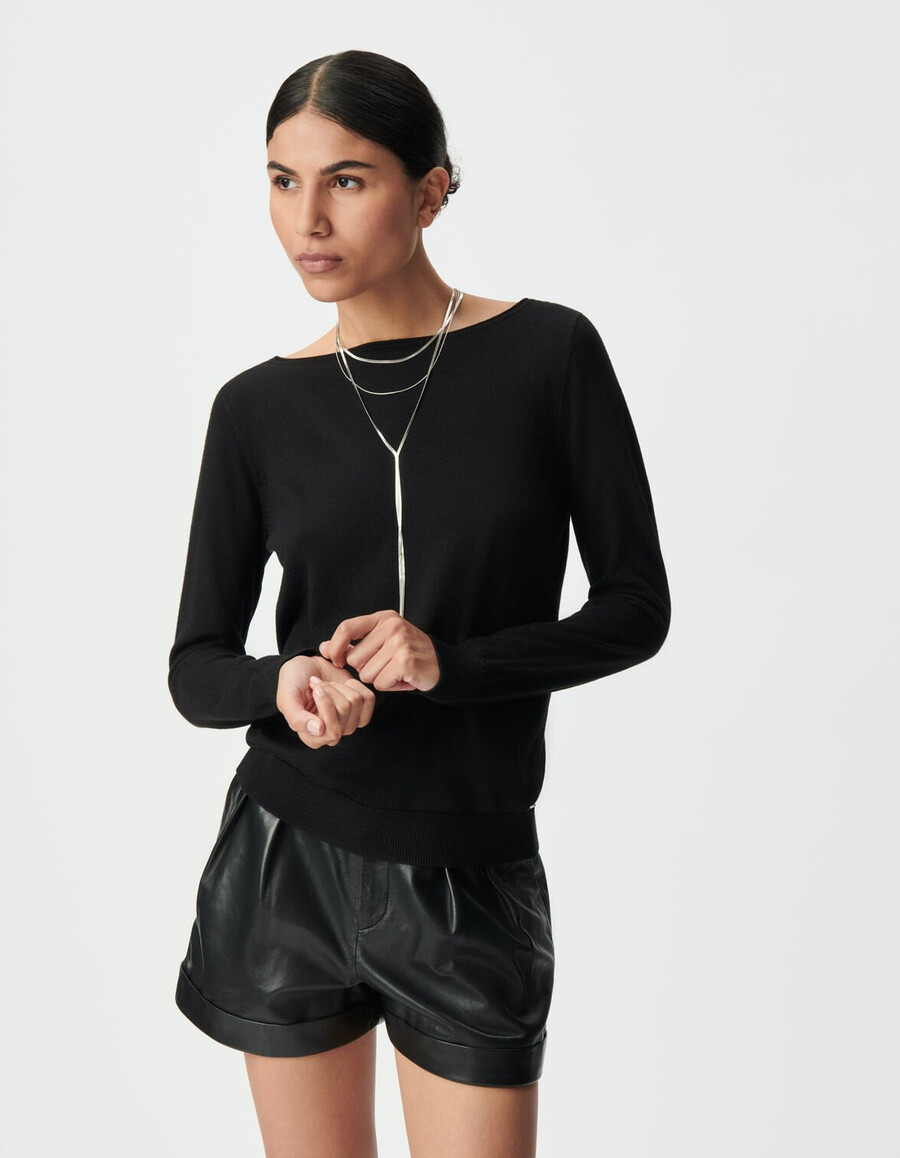 suéter de punto fino negro para mujer con inserción de encaje en la espalda