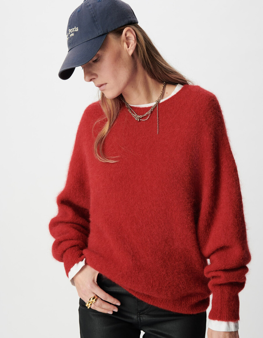 suéter de punto rojo con mangas de murciélago para mujer