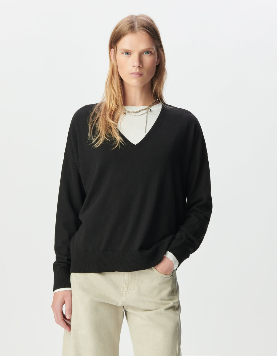 suéter negro de punto fino con cuello en v extragrande para mujer