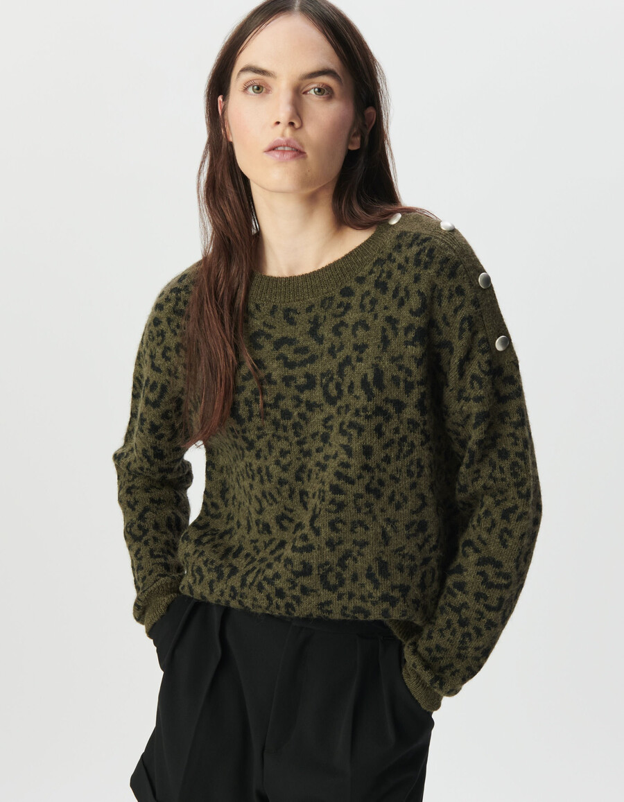 suéter de punto caqui para mujer con motivo de jacquard de leopardo