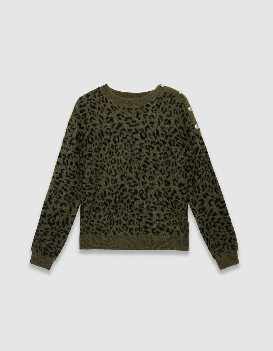 suéter de punto caqui para mujer con motivo de jacquard de leopardo