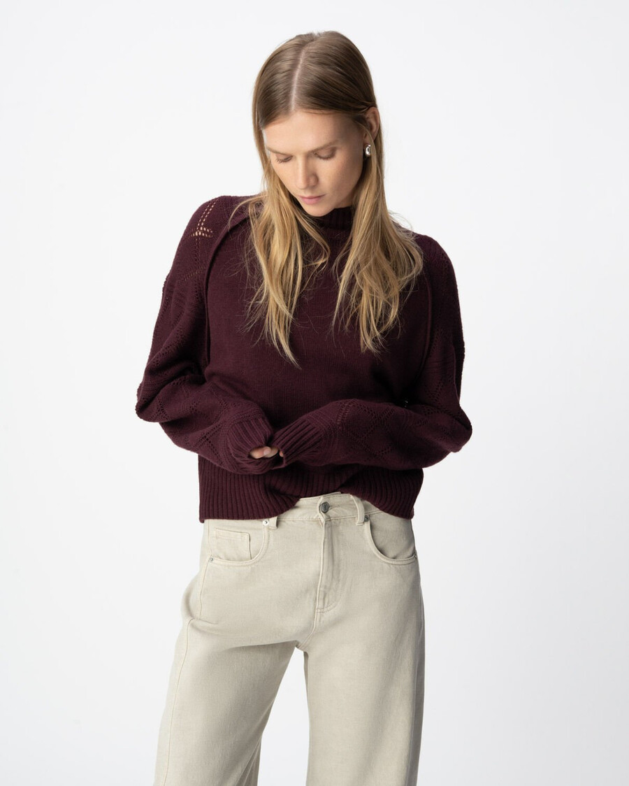 suéter de punto burdeos para mujer con mangas caladas