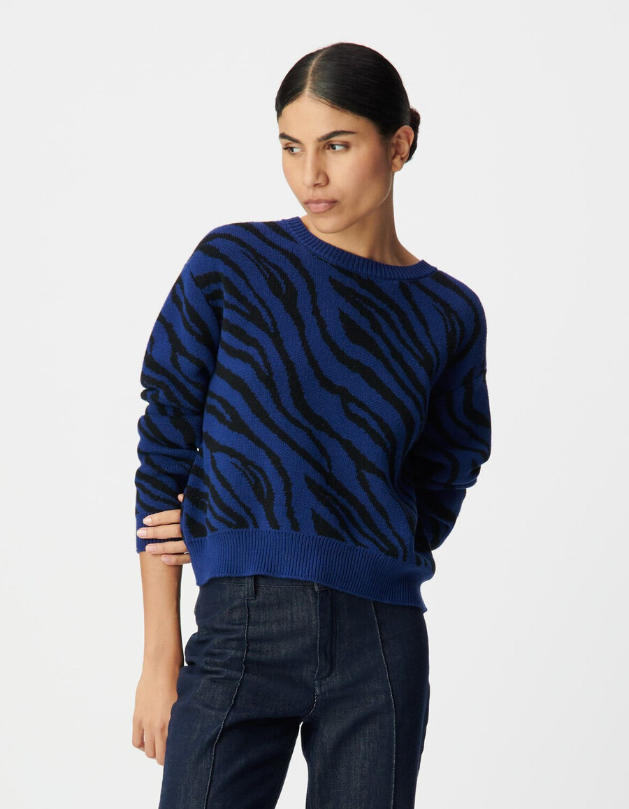 suéter corto de invierno de punto de cebra azul para mujer