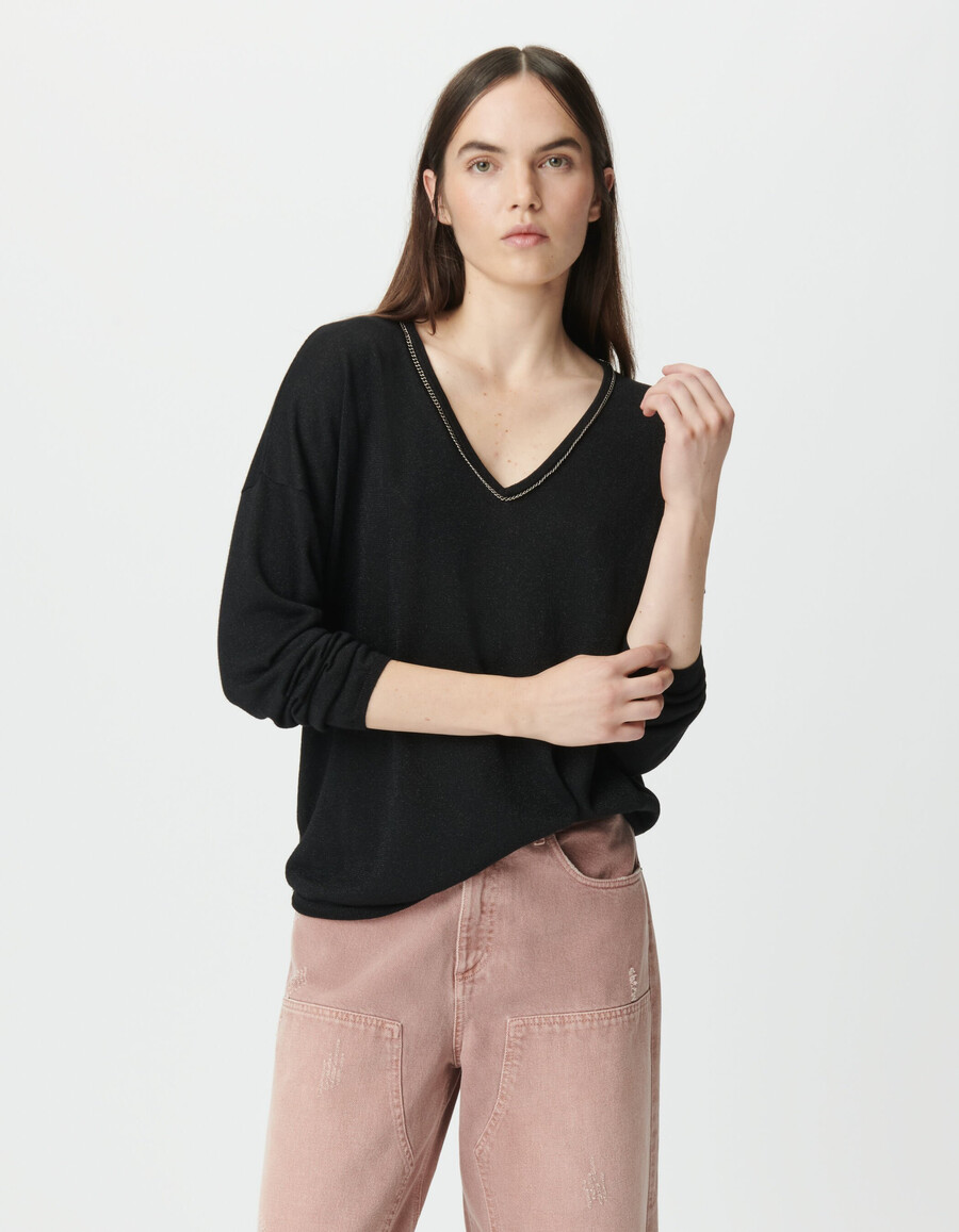 suéter de punto fino de lúrex negro para mujer con cuello joya