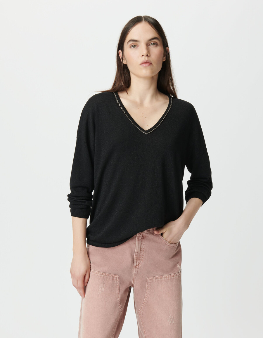 suéter de punto fino de lúrex negro para mujer con cuello joya