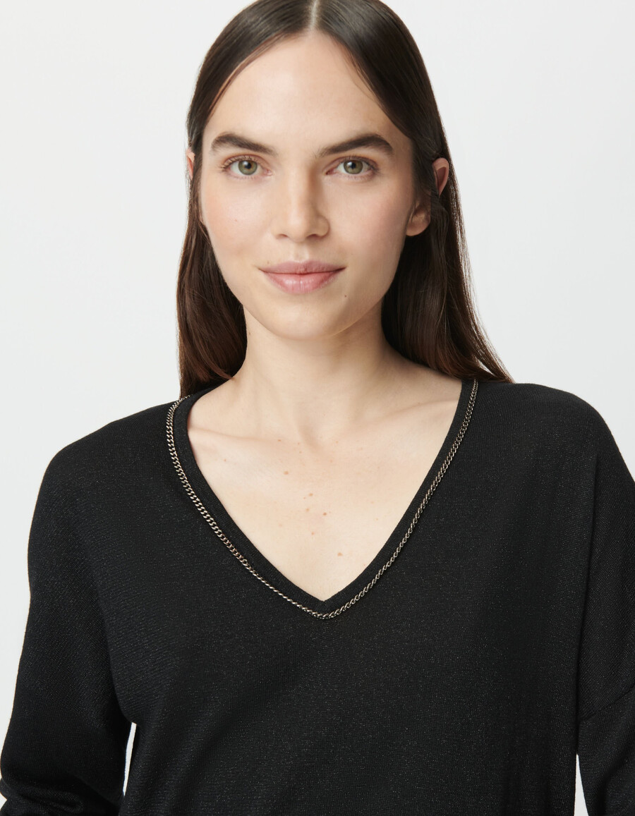 suéter de punto fino de lúrex negro para mujer con cuello joya