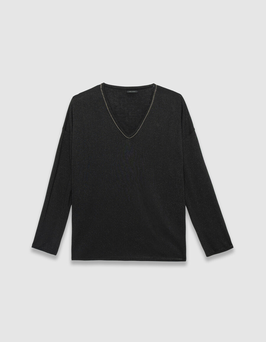 suéter de punto fino de lúrex negro para mujer con cuello joya