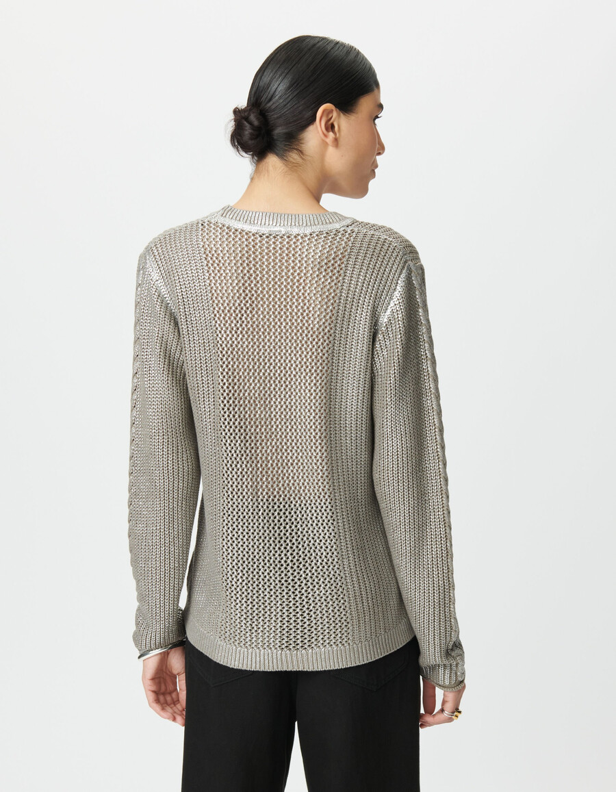 suéter de punto decorativo plateado beige para mujer