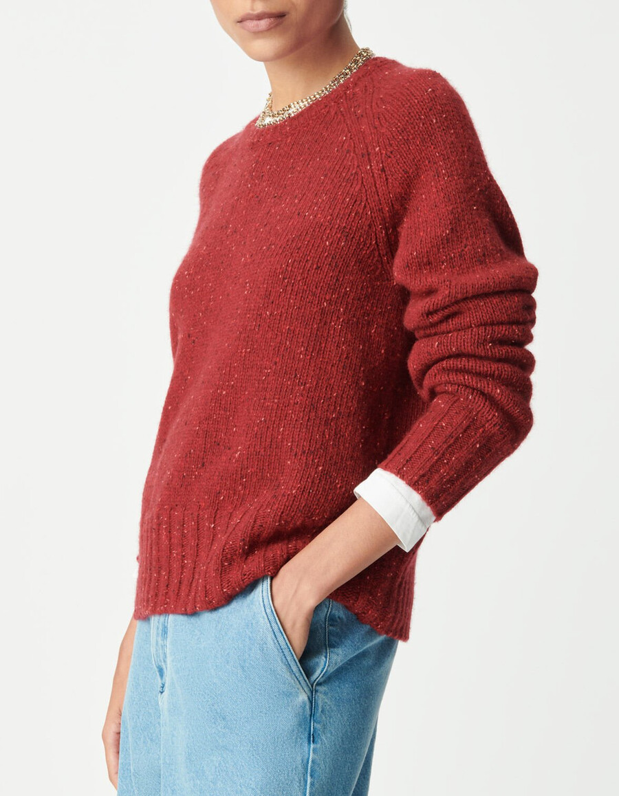 suéter de punto rojo con cuello redondo para mujer