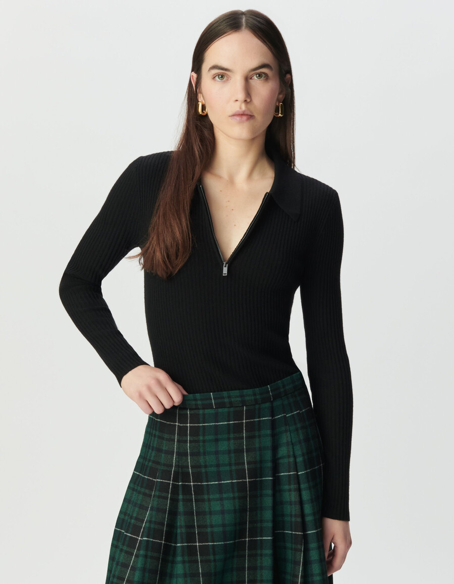 suéter de punto de lana pura negro para mujer cuello alto con cremallera