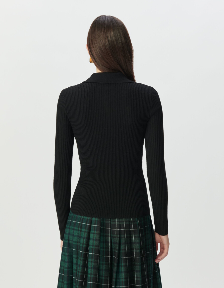 suéter de punto de lana pura negro para mujer cuello alto con cremallera