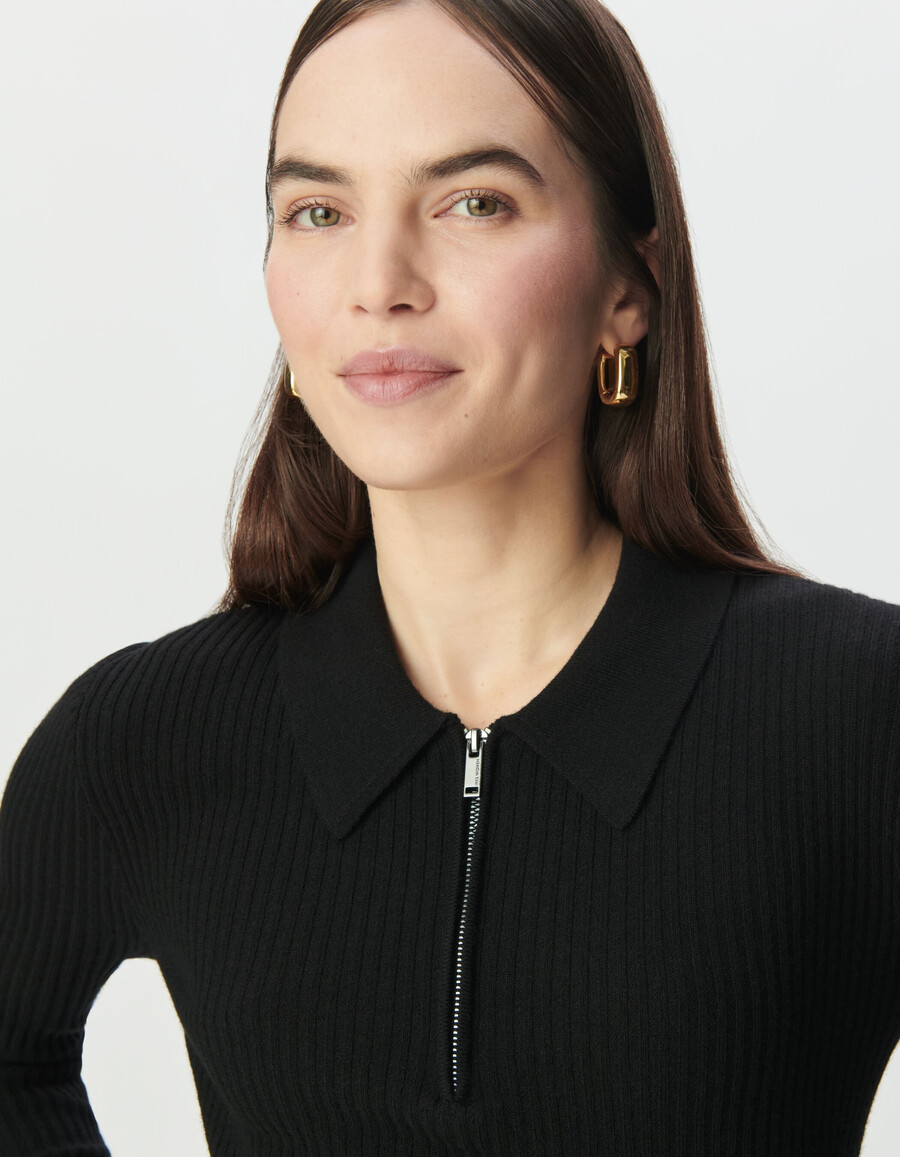 suéter de punto de lana pura negro para mujer cuello alto con cremallera