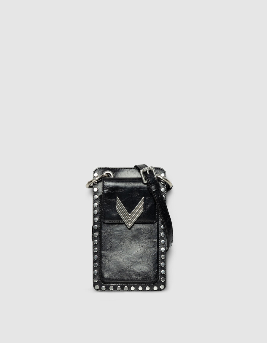 bolso para teléfono the 111 de charol negro con tachuelas para mujer