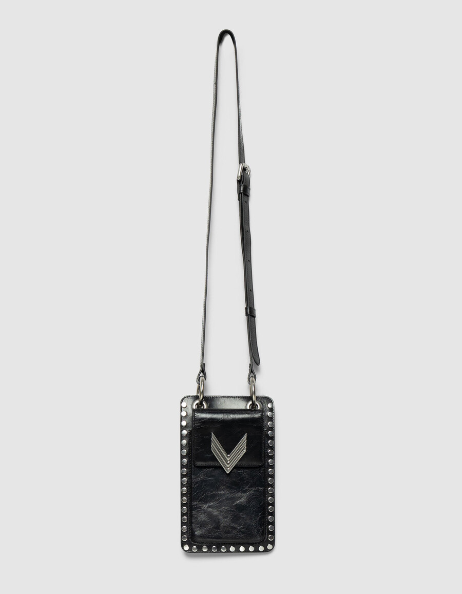 bolso para teléfono the 111 de charol negro con tachuelas para mujer