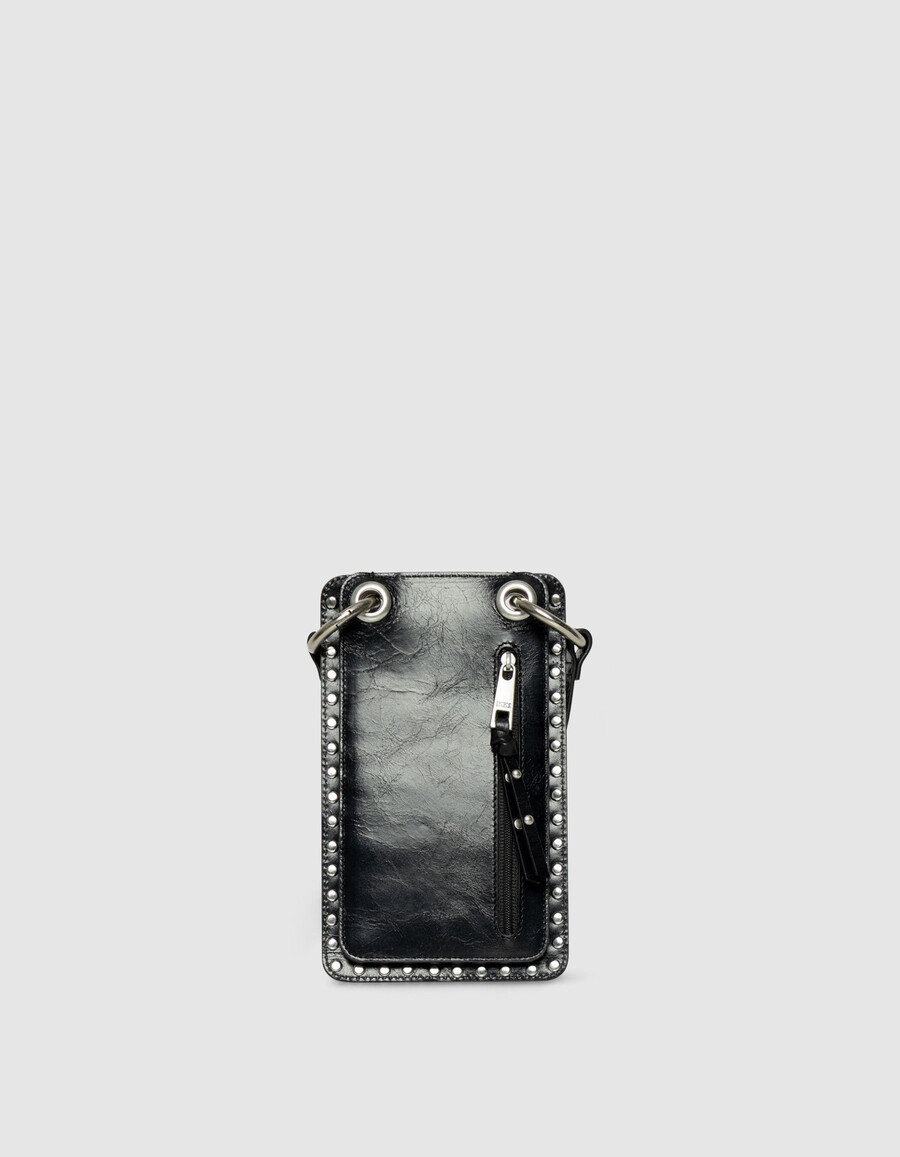 bolso para teléfono the 111 de charol negro con tachuelas para mujer