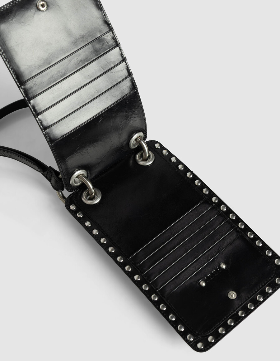 bolso para teléfono the 111 de charol negro con tachuelas para mujer