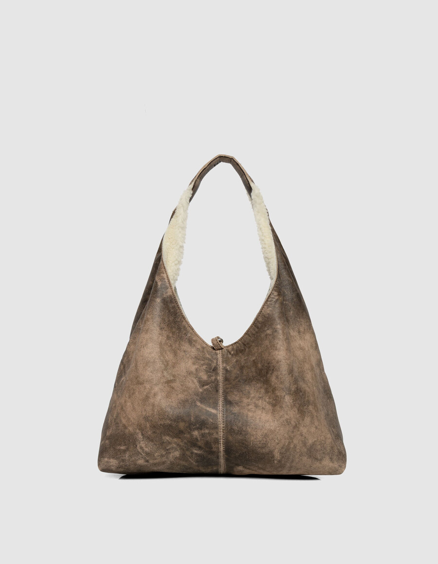 bolso hobo para mujer en mezcla de piel y borrego blanco roto