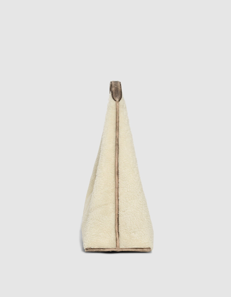 bolso hobo para mujer en mezcla de piel y borrego blanco roto