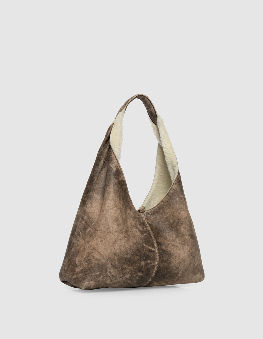 bolso hobo para mujer en mezcla de piel y borrego blanco roto