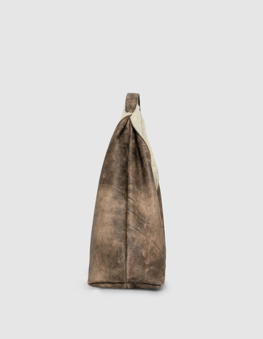 bolso hobo para mujer en mezcla de piel y borrego blanco roto
