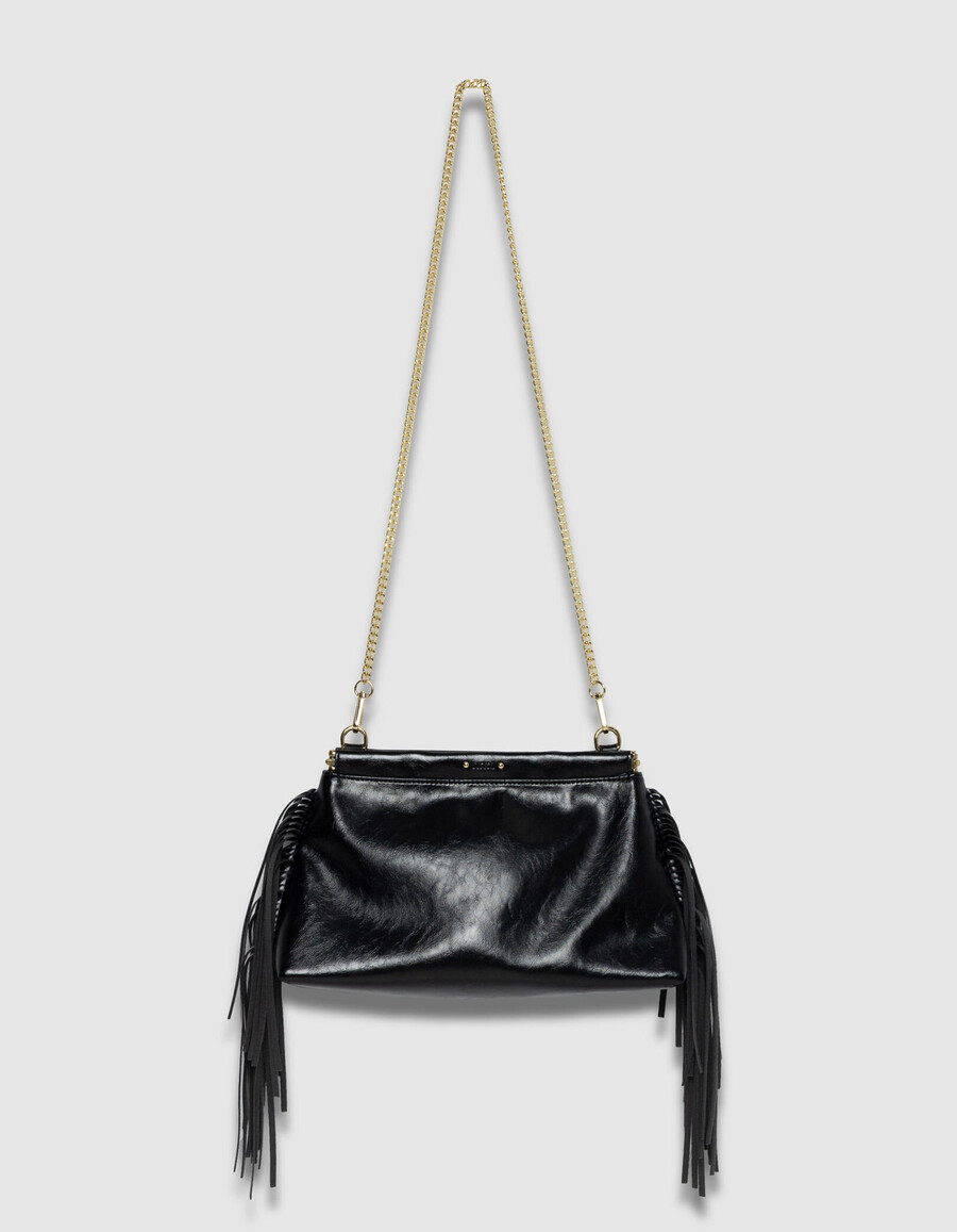 bolso de mano con flecos de piel esmaltada negra para mujer