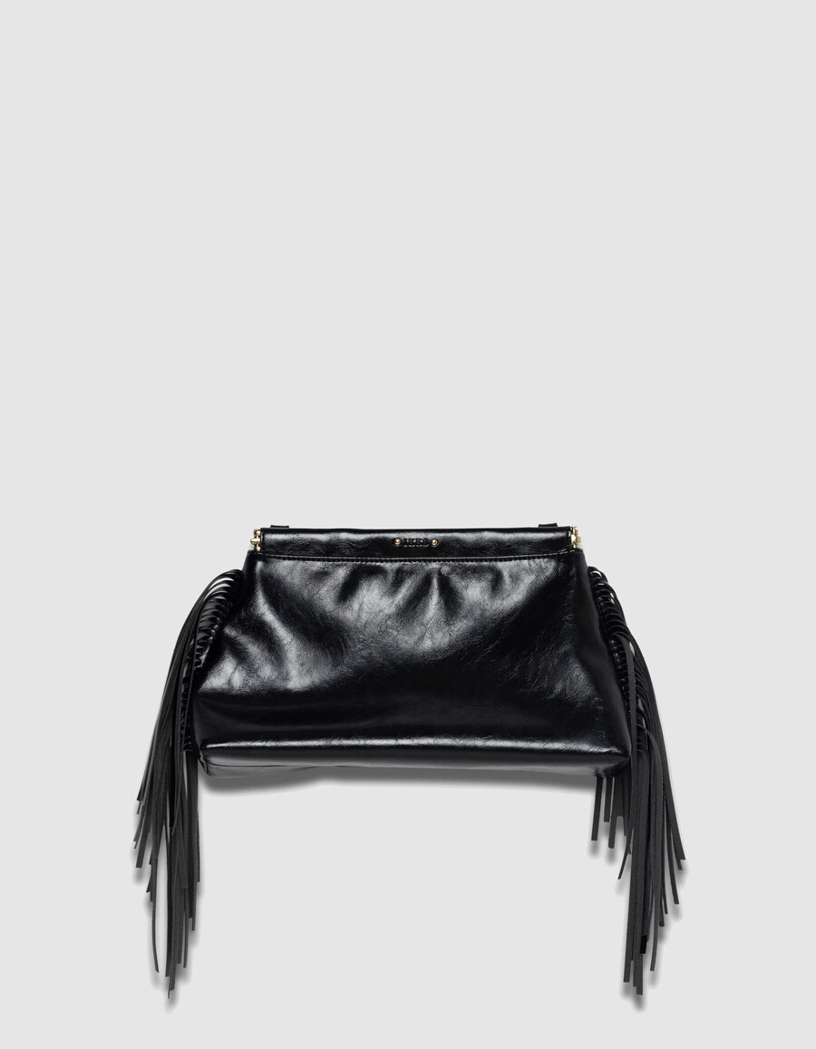 bolso de mano con flecos de piel esmaltada negra para mujer