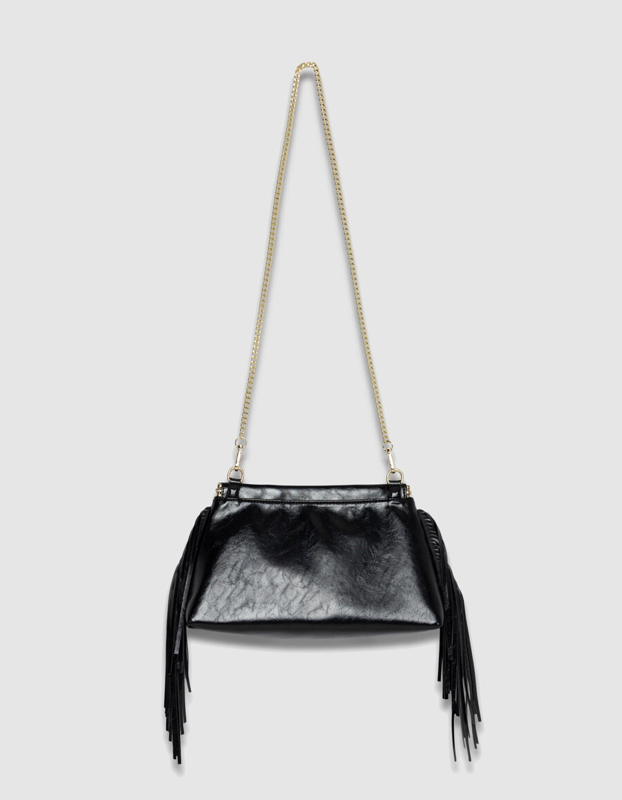 bolso de mano con flecos de piel esmaltada negra para mujer