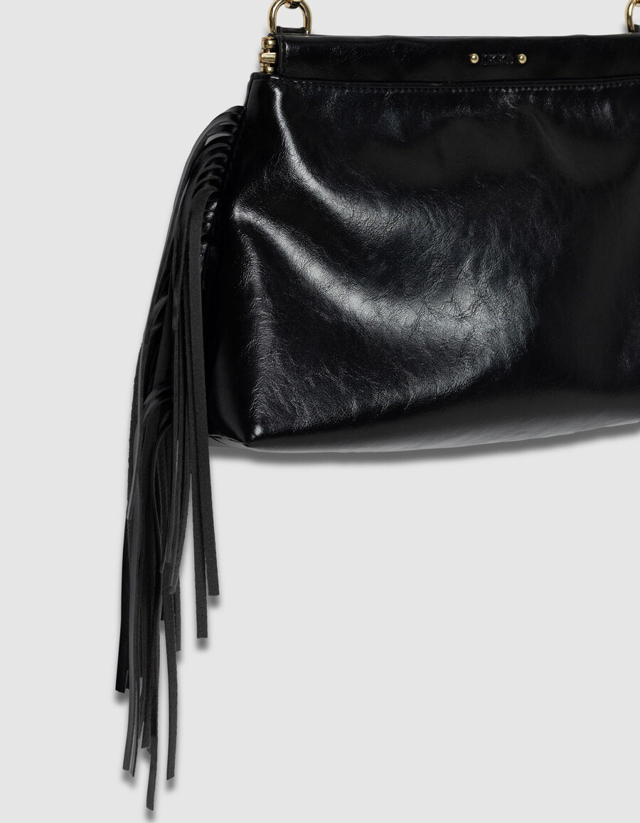 bolso de mano con flecos de piel esmaltada negra para mujer