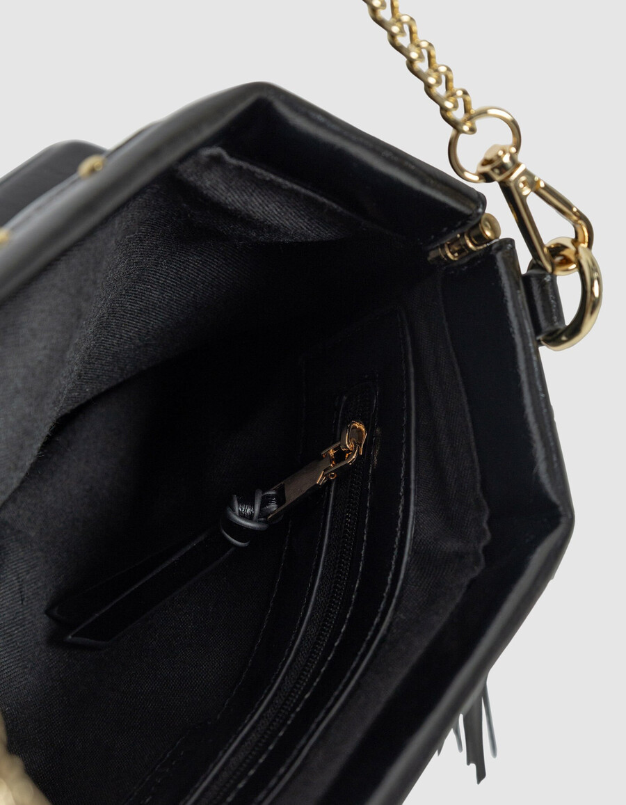 bolso de mano con flecos de piel esmaltada negra para mujer
