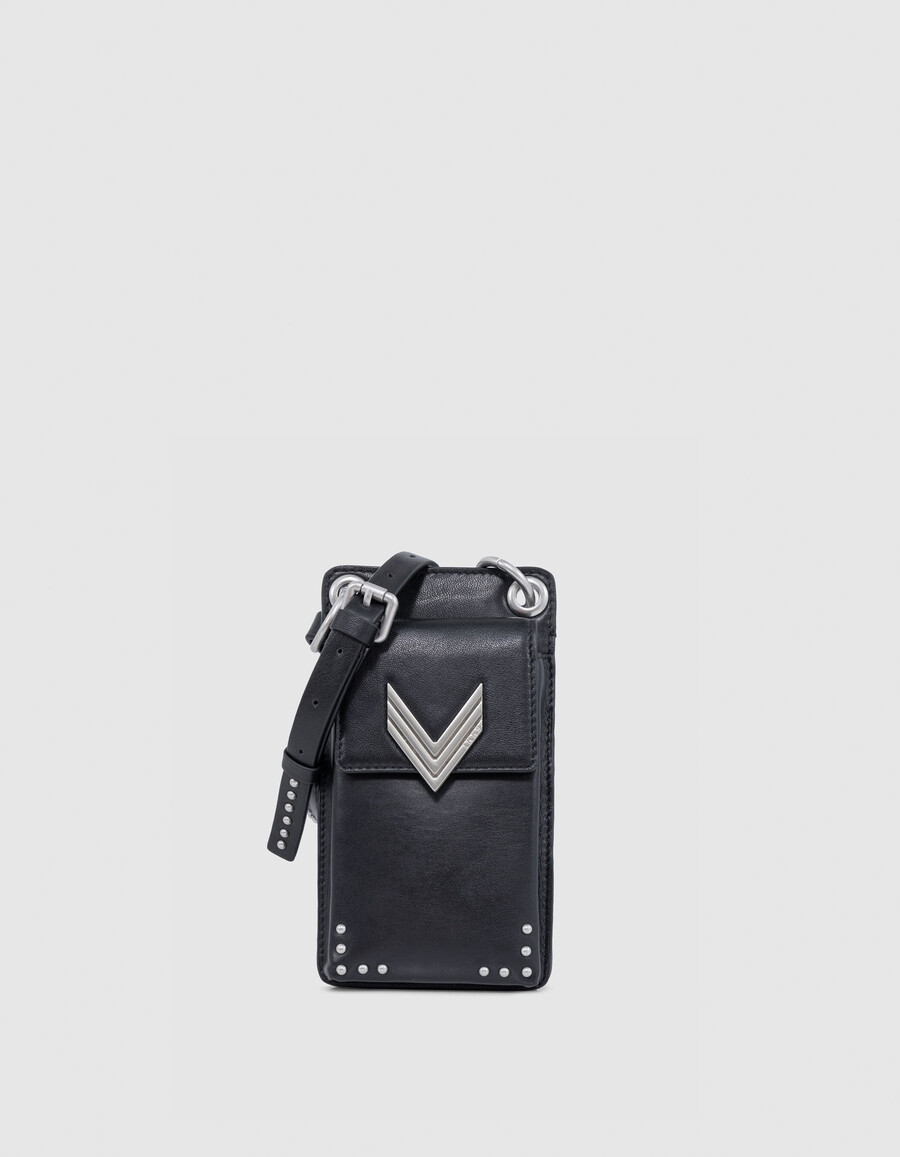 bolso para teléfono 111 de piel negra con correa para el hombro y tachuelas para mujer