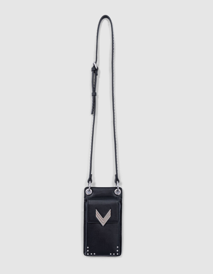 bolso para teléfono 111 de piel negra con correa para el hombro y tachuelas para mujer